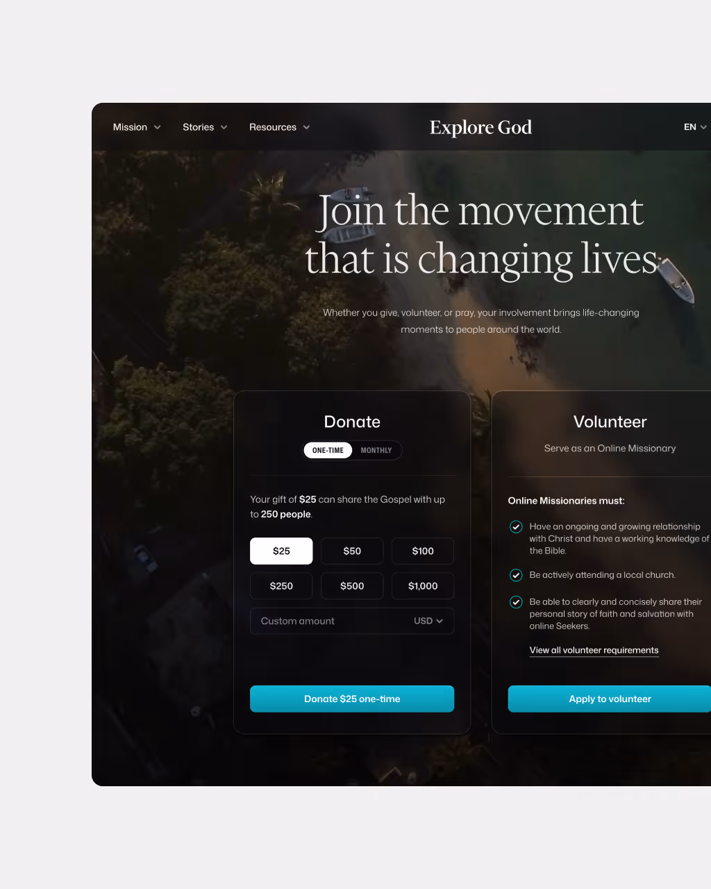 Explore God webpage showing options to donate with preset amounts or volunteer as an online missionary.