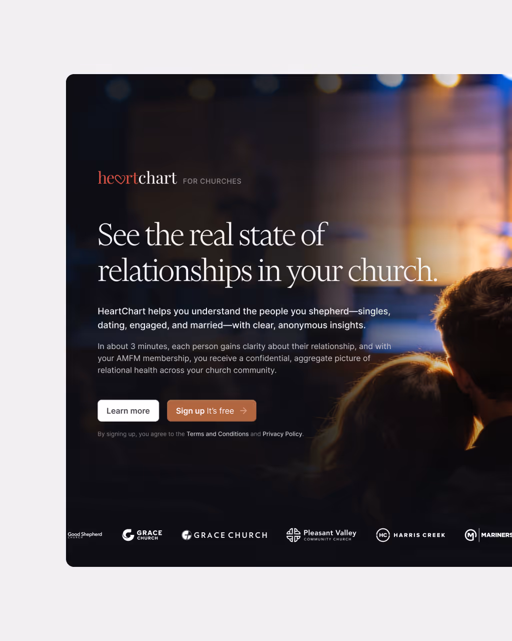 Promotional banner for HeartChart showing a couple from behind, offering clear insights on church relationships with sign up and learn more buttons.
