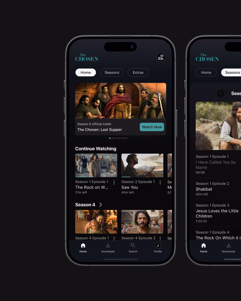 Mobile app interface of The Chosen with tabs for Home, Seasons, Extras, showing Season 5 trailer, continue watching episodes, and Season 4 episodes.