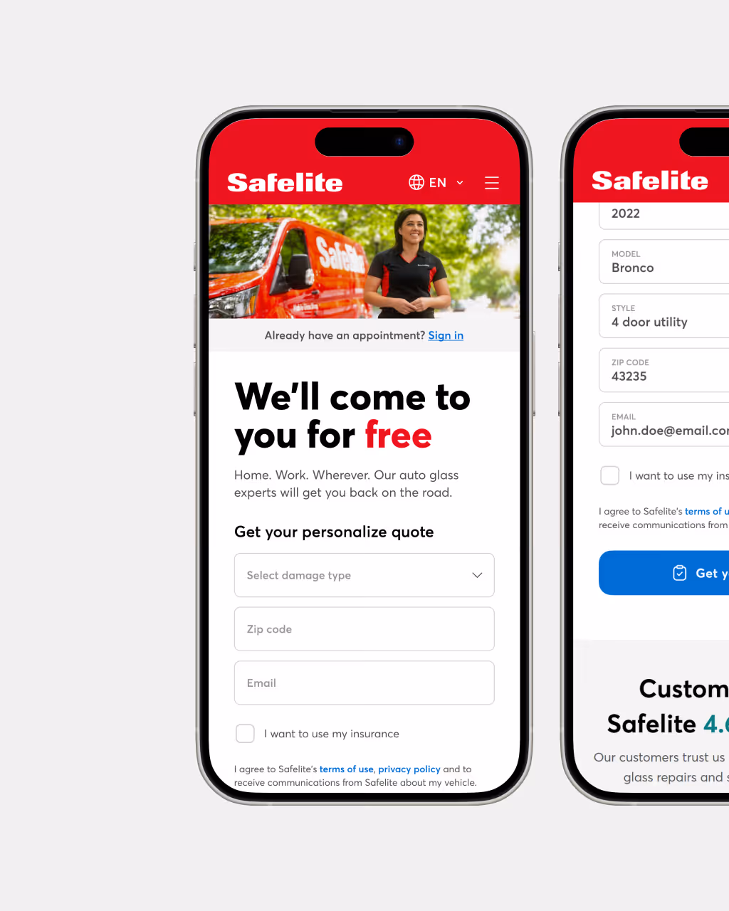 Mobile phone screen showing Safelite website with quote form for free auto glass service including damage type, zip code, and email fields.