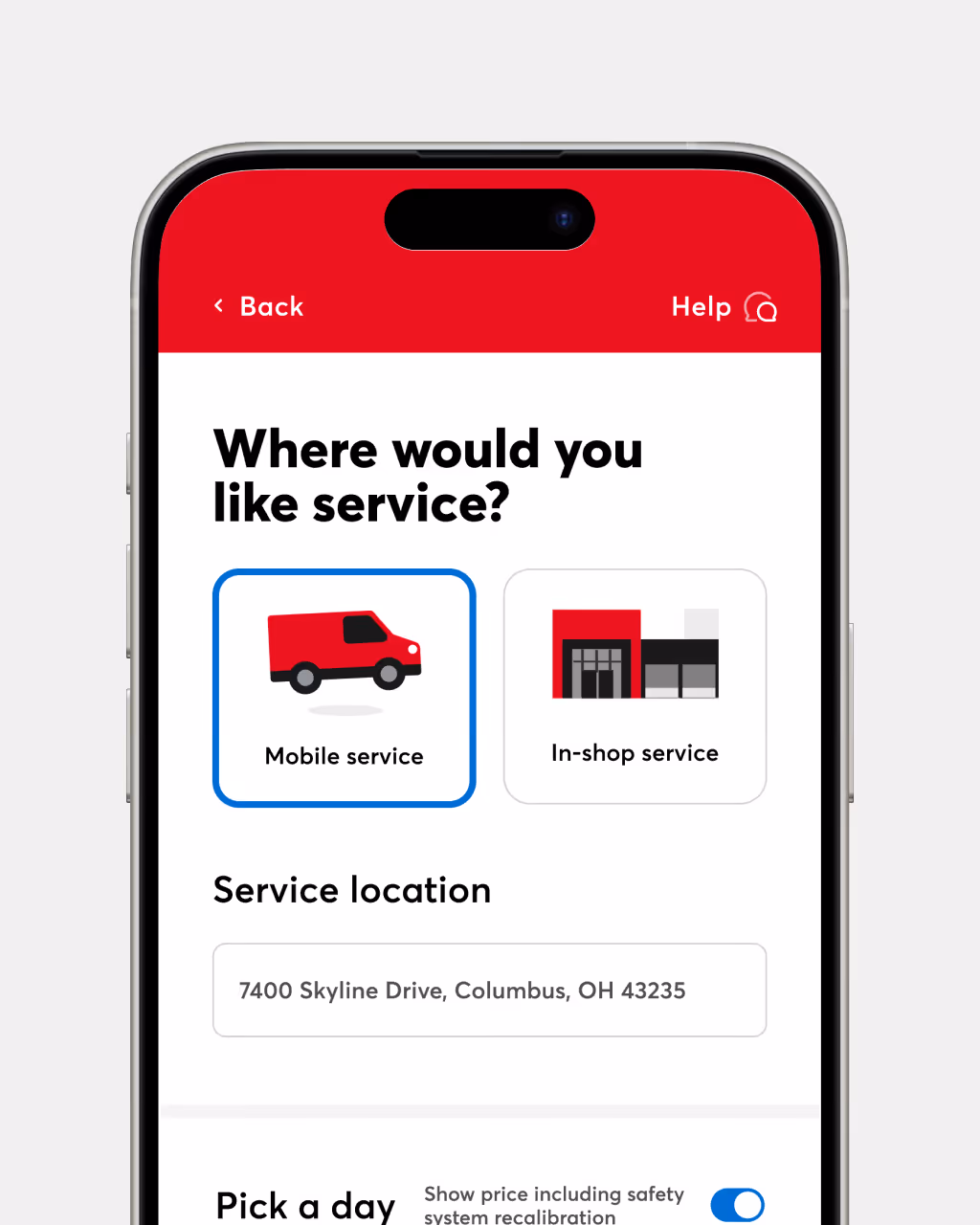 Mobile app screen asking where service is preferred with options for mobile service or in-shop service and an address input for service location.