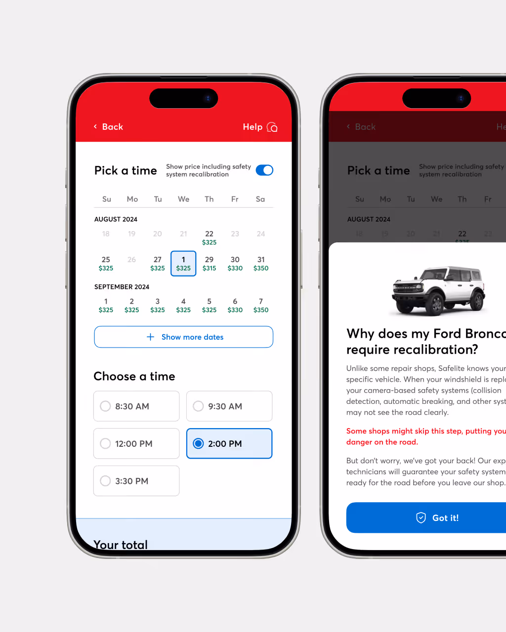 Two smartphones showing a repair scheduling app with a calendar for August and September 2024, time slots to choose an appointment, and an informational popup about Ford Bronco safety system recalibration.