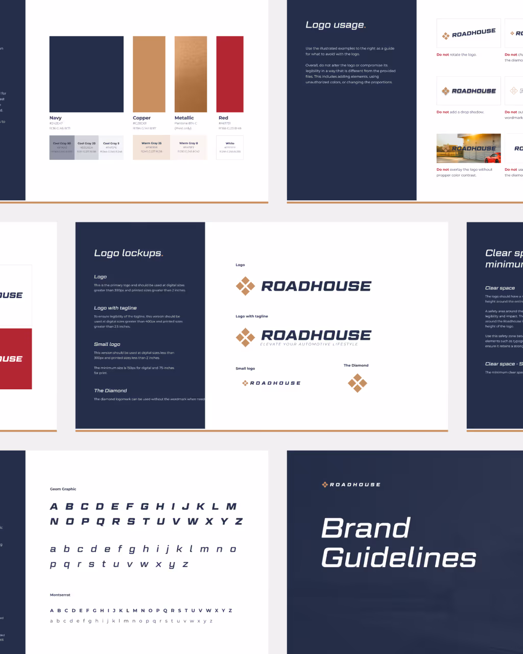 Roadhouse brand guidelines including color palette with navy, copper, metallic, red, logo usage rules, logo lockups, clear space requirements, and typography examples.