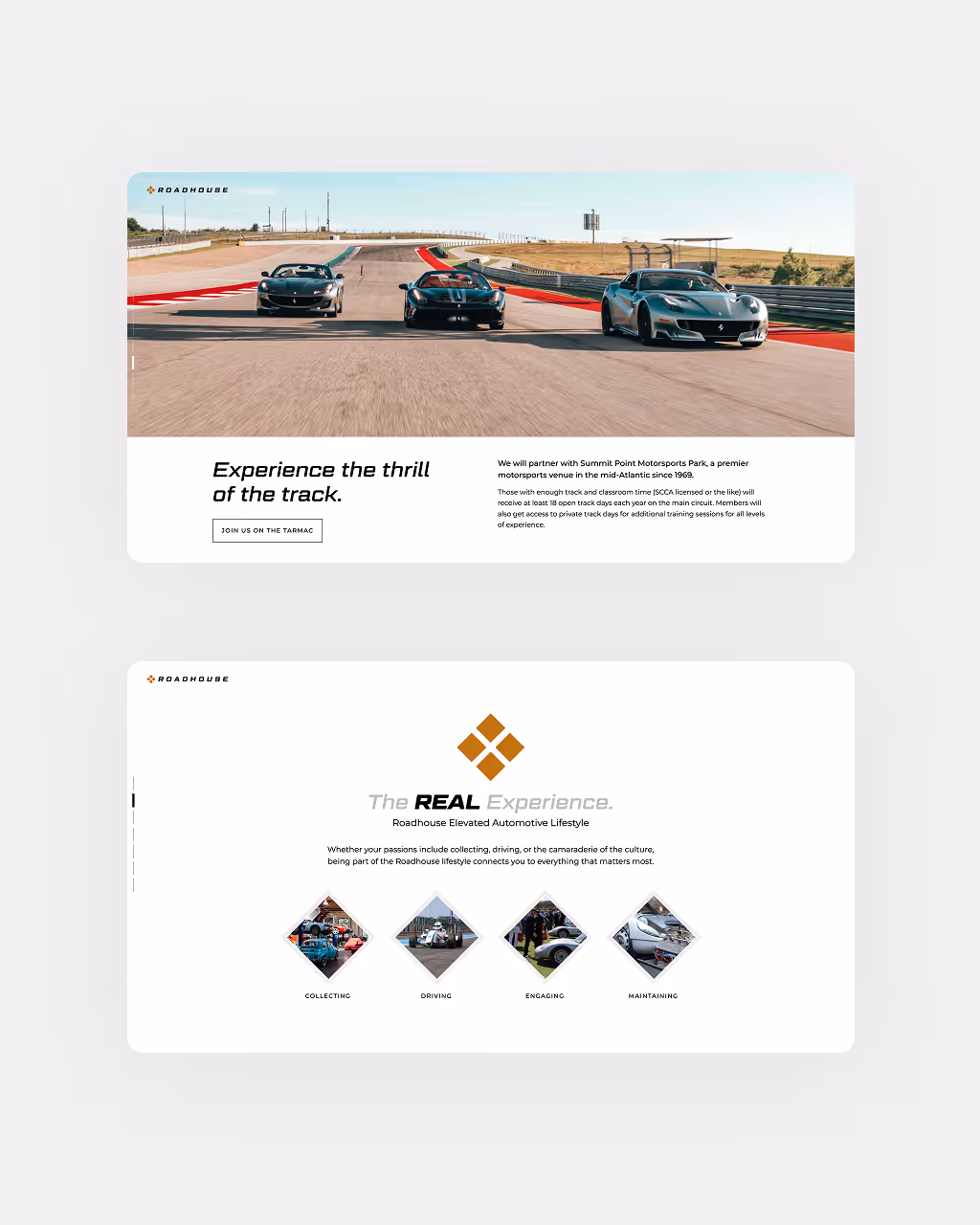 Three luxury sports cars racing on a track with text about Roadhouse track experience and automotive lifestyle benefits.