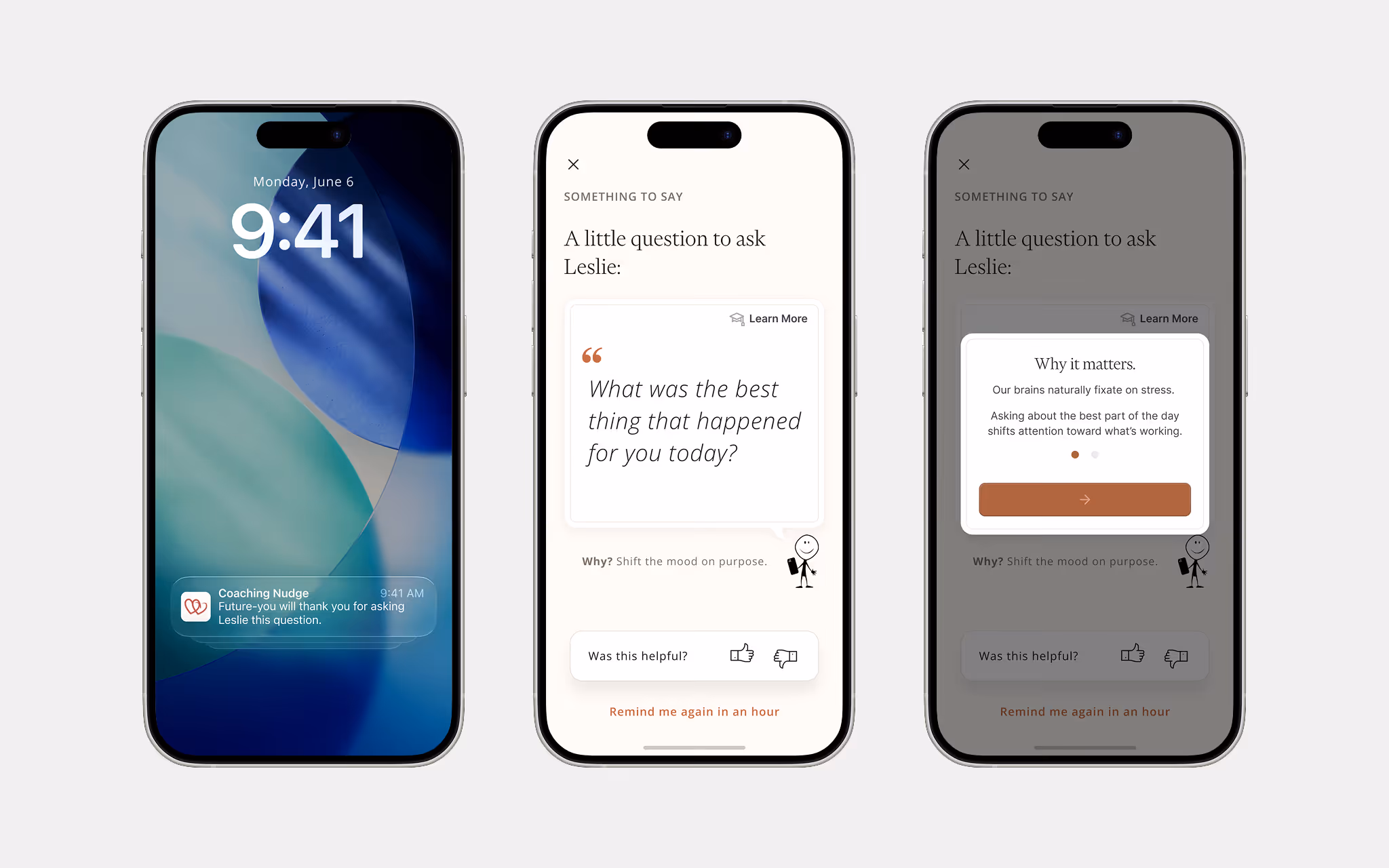 Three smartphones showing a coaching app with a notification on a lock screen and questions asking about the best thing that happened today and why it matters, featuring user feedback options and a reminder setting.