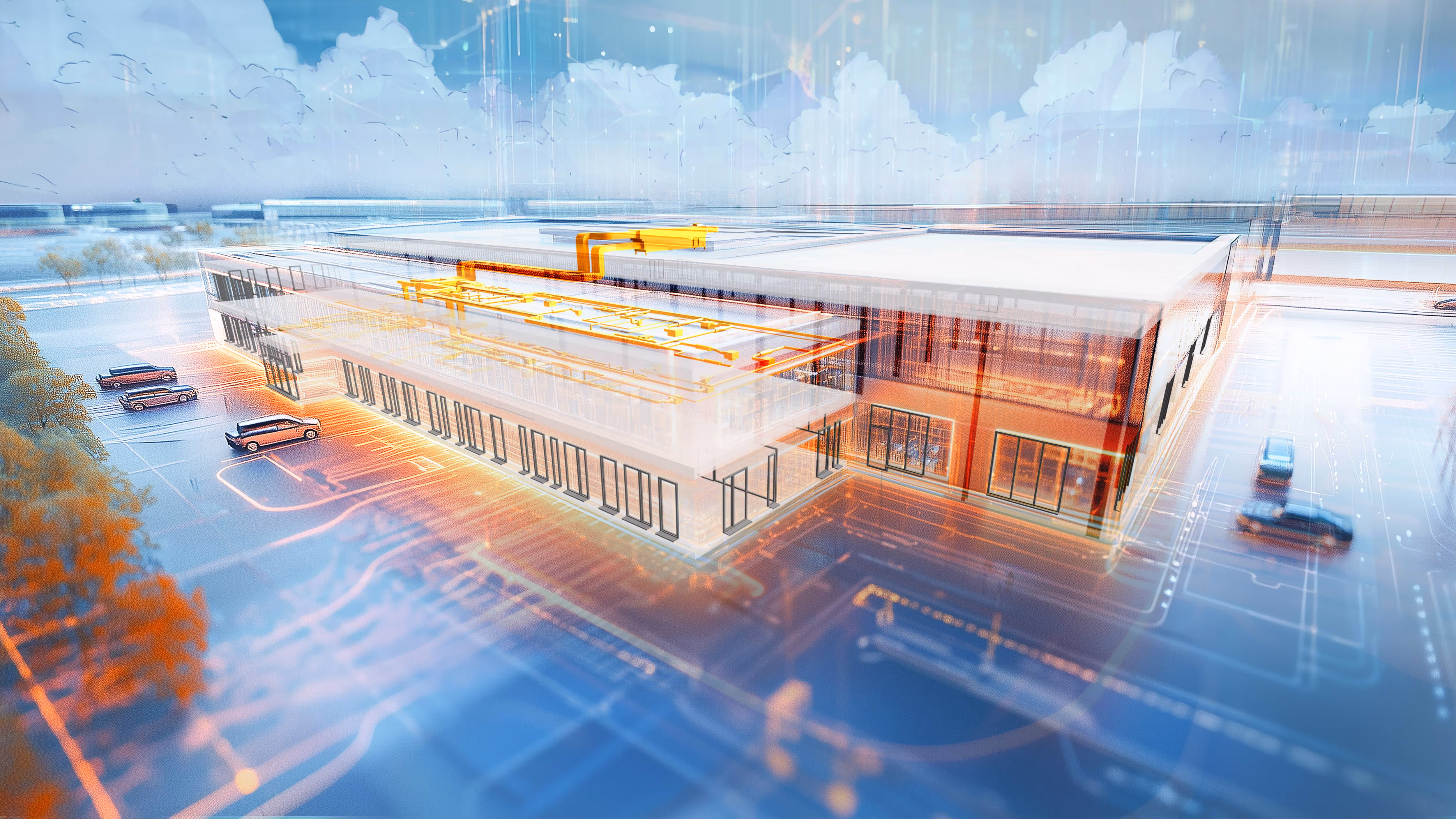 Digital architectural rendering of a modern building with highlighted internal piping and a surrounding parking lot with cars.