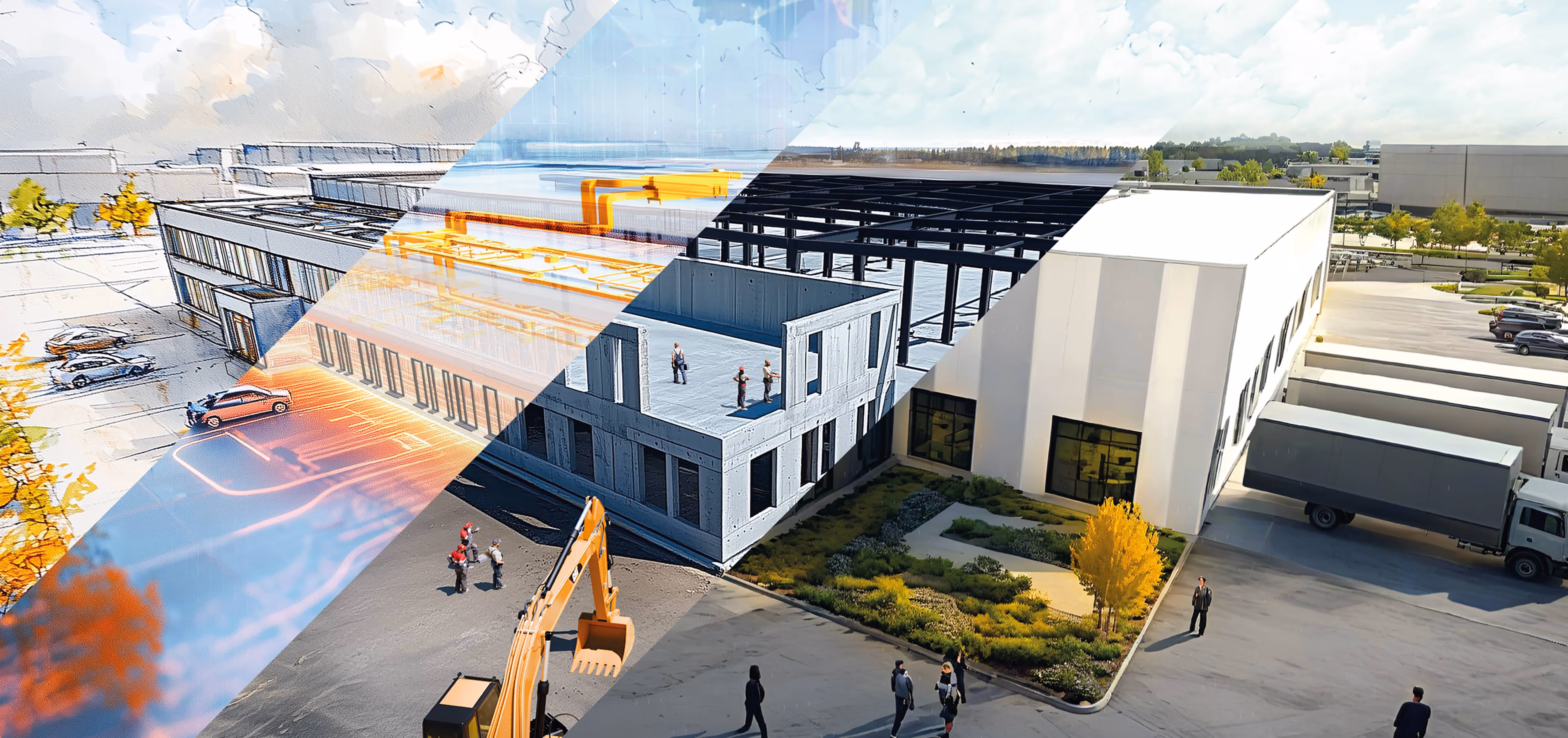 Composite image showing stages of building construction from blueprint and framework to completed industrial building with people and equipment on site.