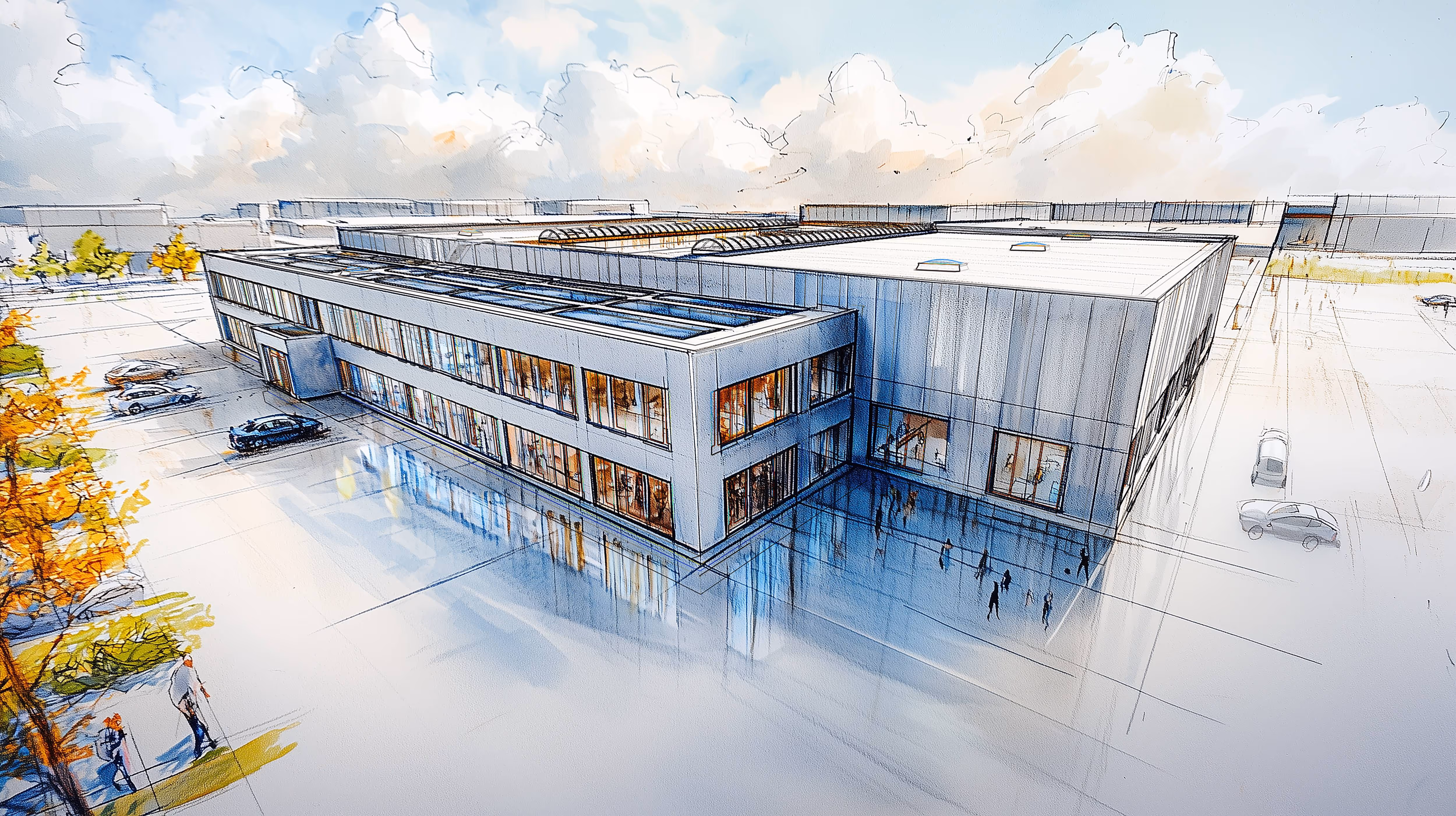 Architectural sketch of a modern two-story building with large windows, parked cars, and people walking nearby.