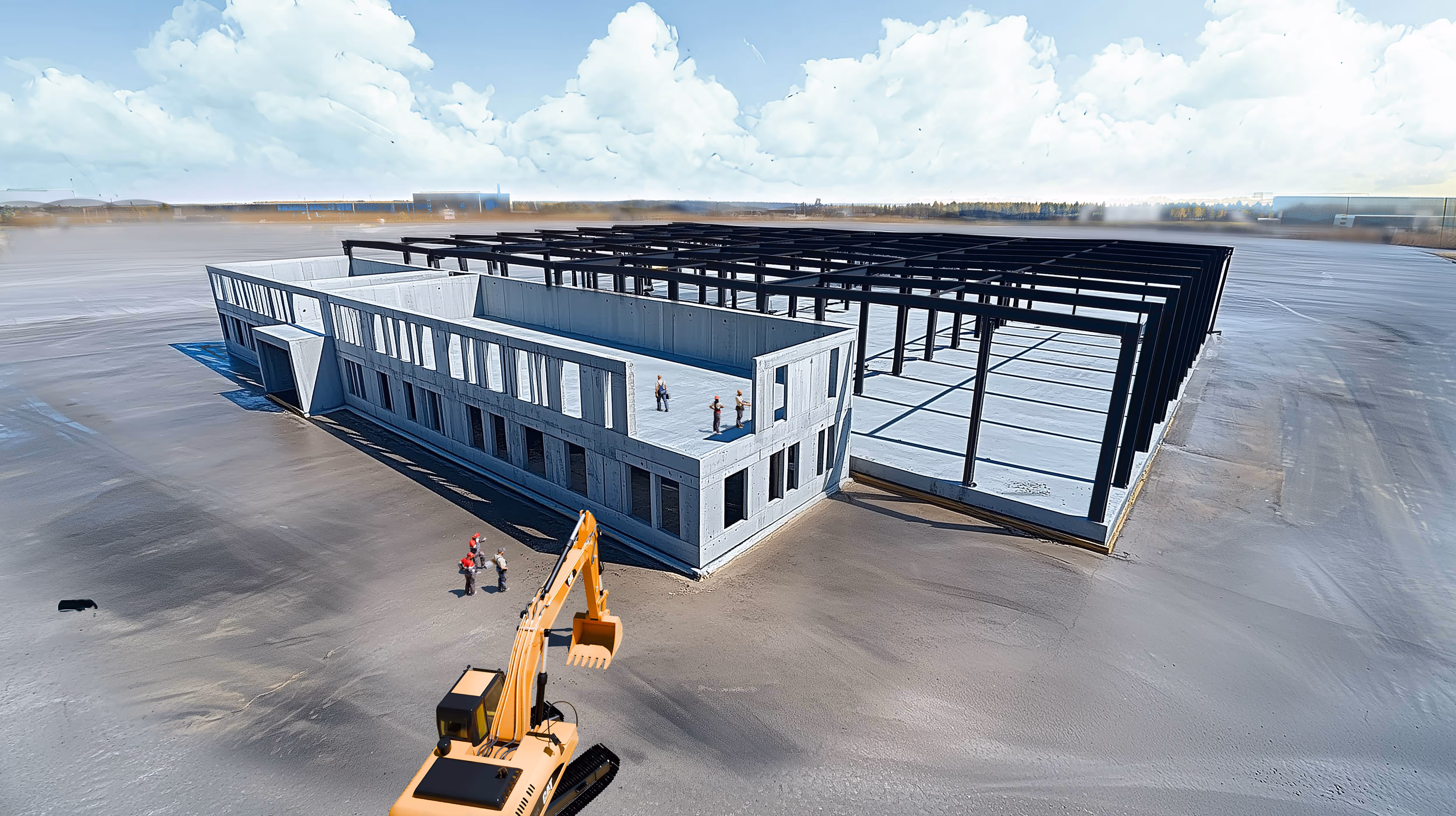 Under-construction industrial building with concrete walls and steel framework, with workers and a yellow excavator on site.