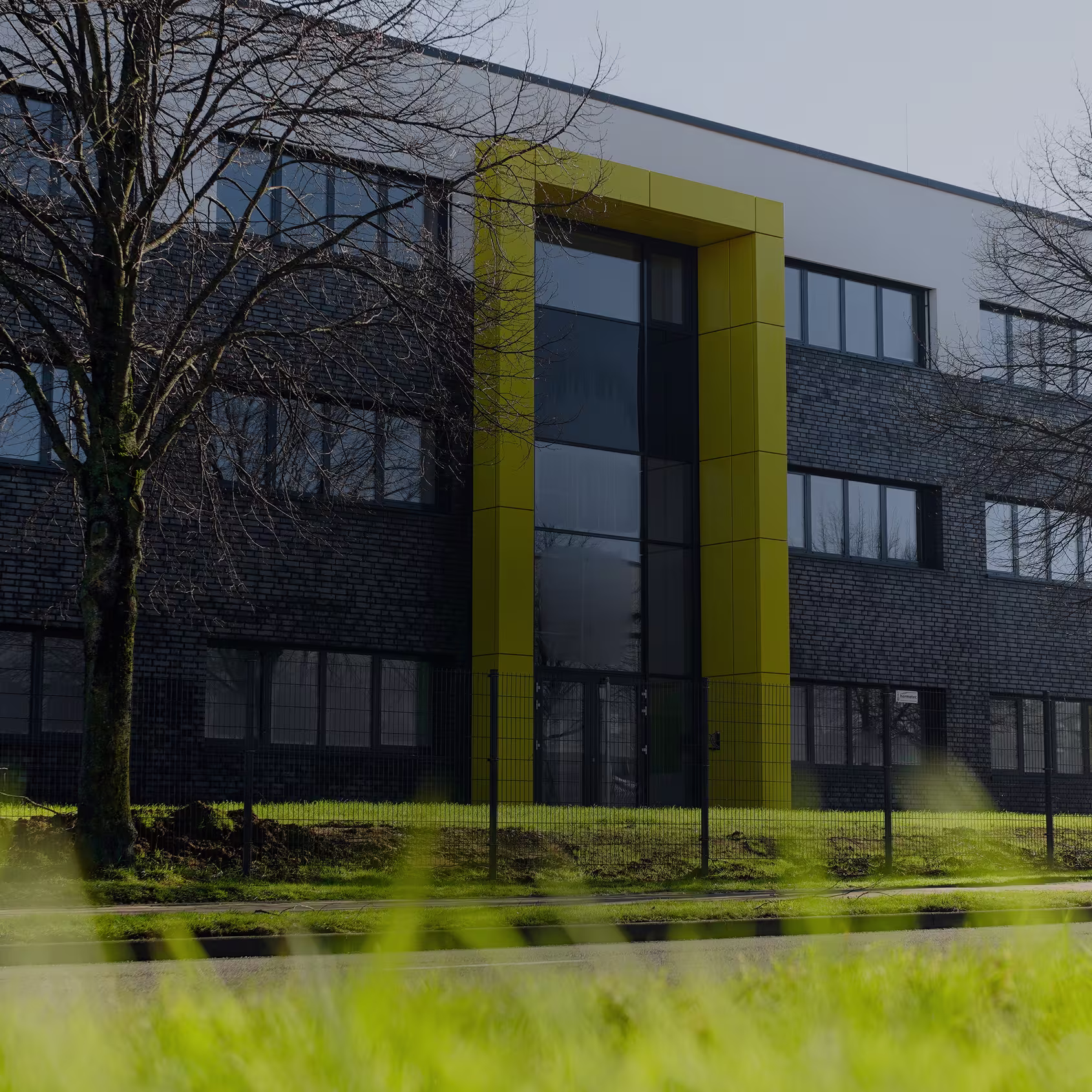 Modern building with dark brick facade and a tall yellow-framed glass entrance, surrounded by bare trees and green grass.