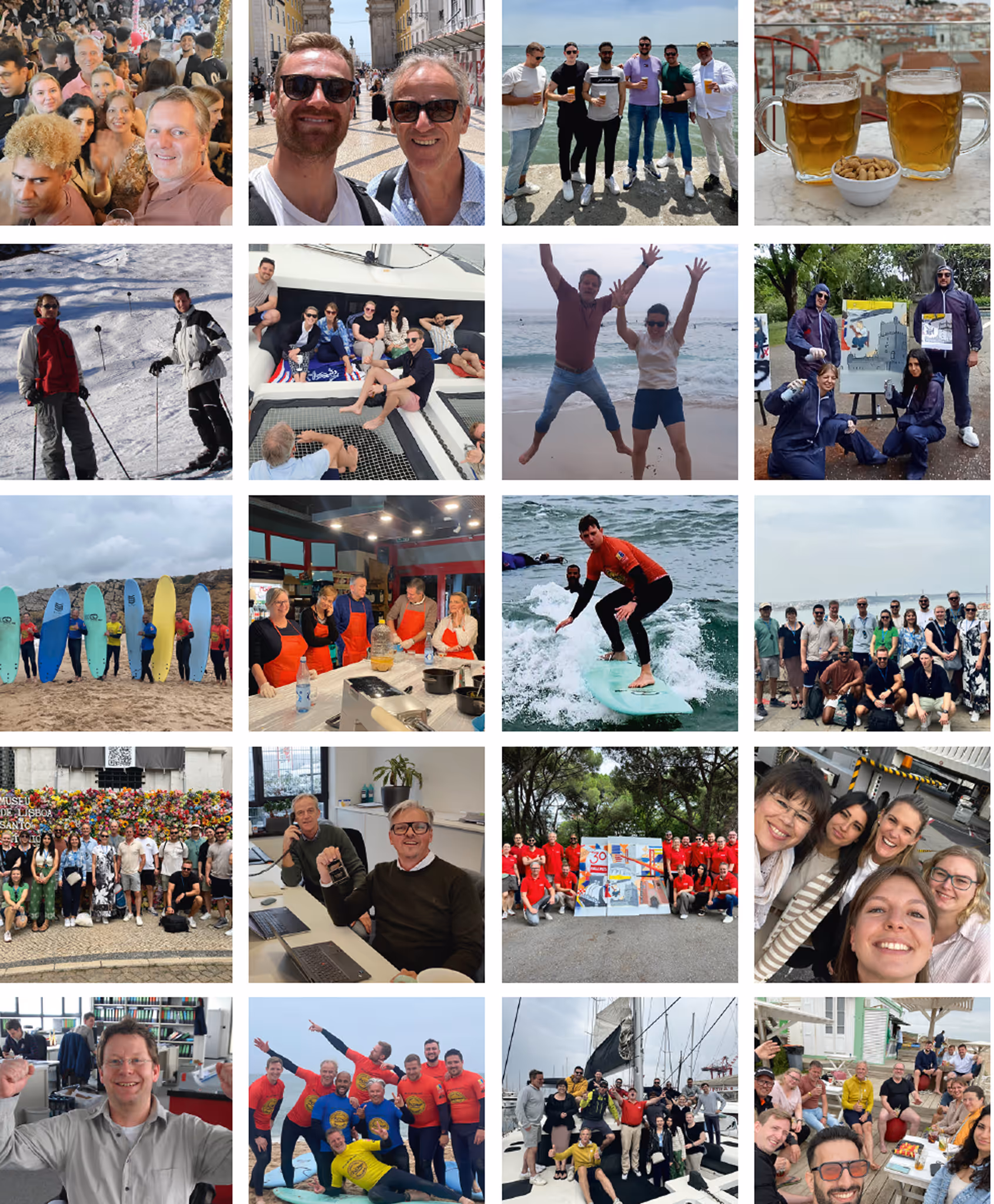 Collage of 20 photos showing groups of people enjoying activities like surfing, skiing, team events, beach outings, painting, and social gatherings.