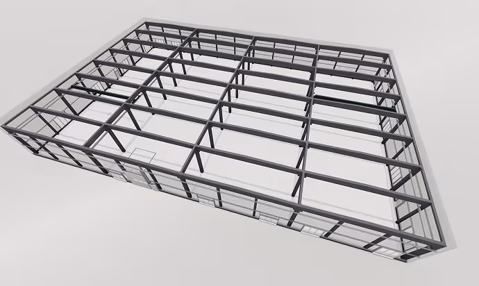 3D model of a rectangular steel frame structure with multiple horizontal and vertical beams.