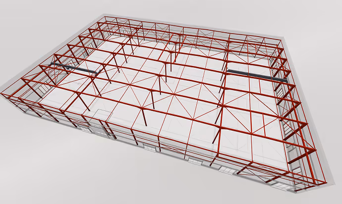3D model of a steel frame structure for a large building with red beams and white panels.