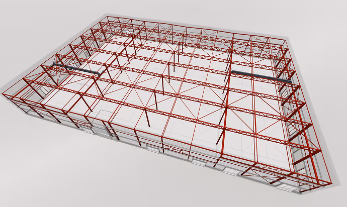 3D model of a red steel factory framework showing trusses and beams on a gray background.