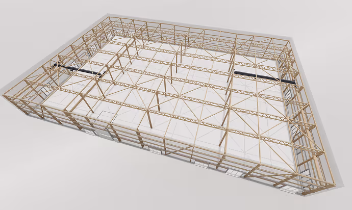 3D model of a large rectangular wooden frame structure with trusses and beams on a light background.