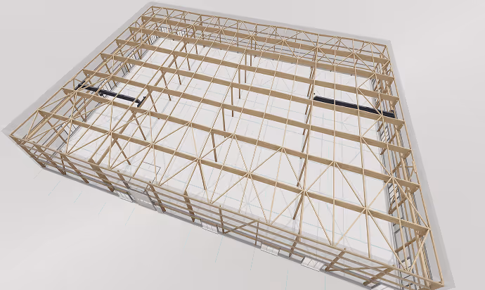 3D model of a large wooden framework structure with horizontal and diagonal beams forming a grid pattern.