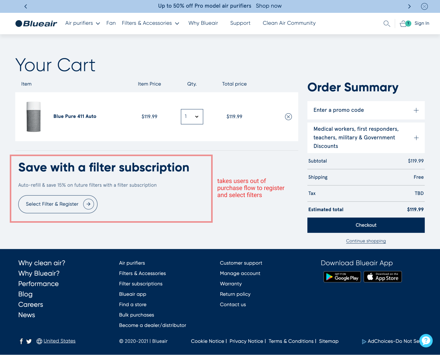 Screenshot showing the current state of check out in cart