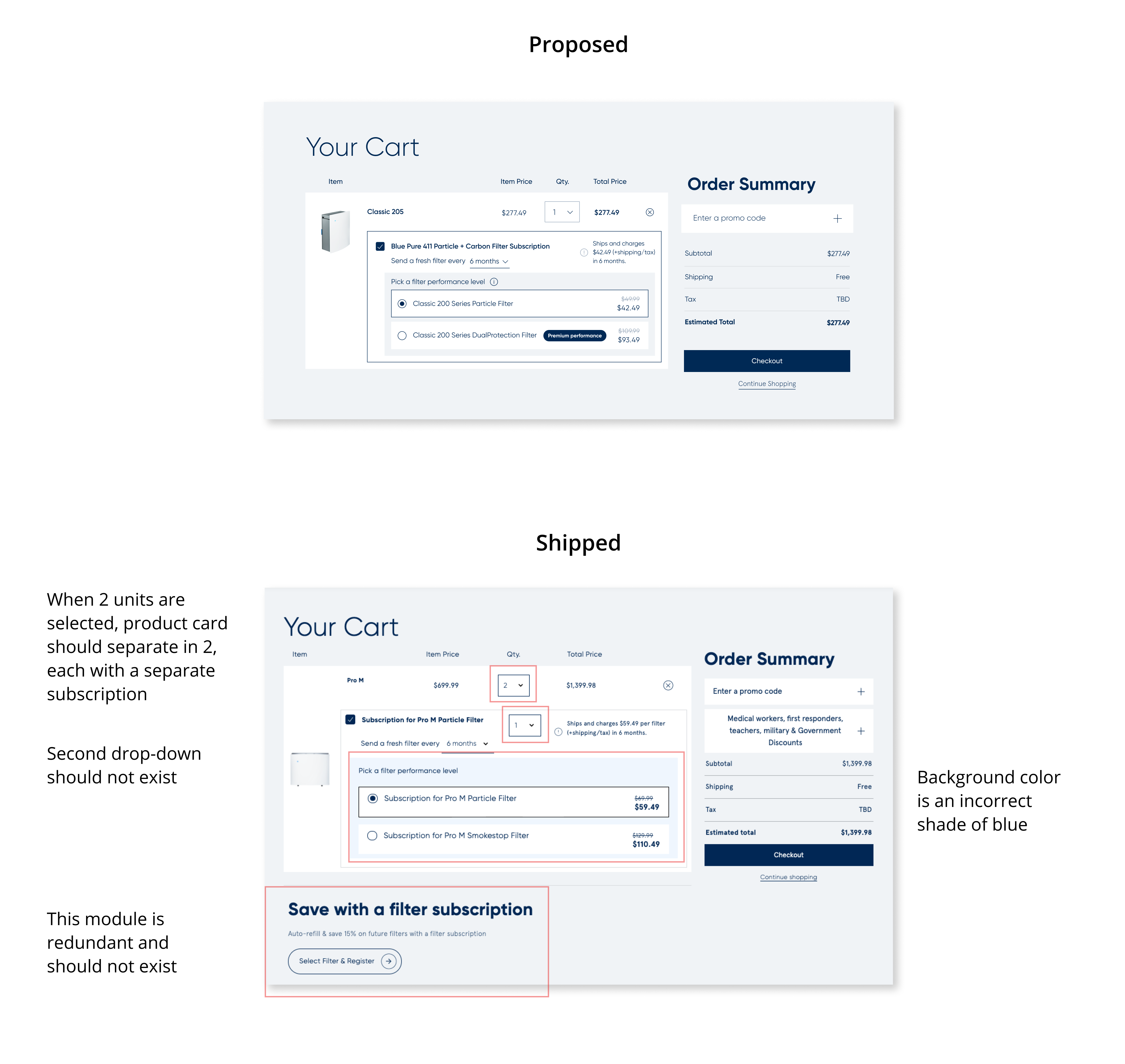 Screenshots showing difference between what design speced and what's shipped