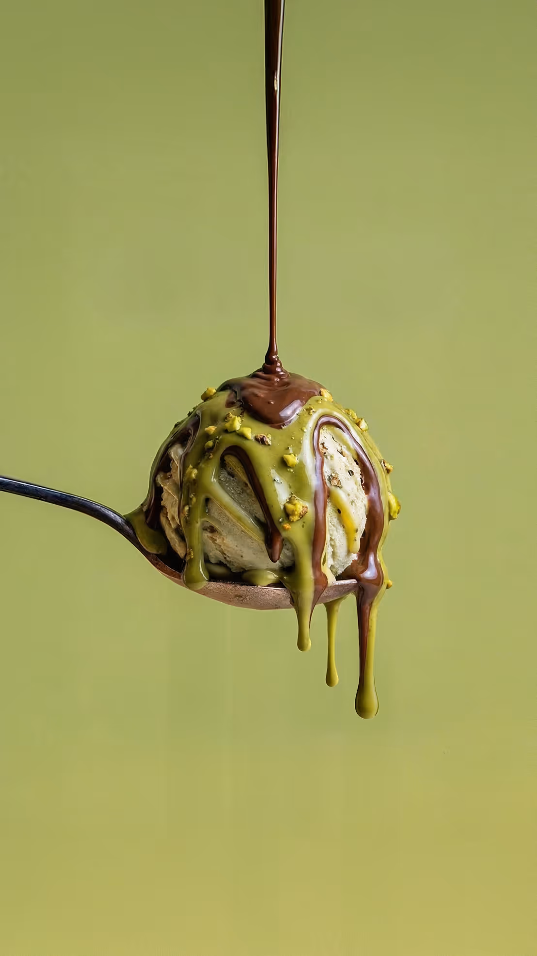Spoon holding pistachio ice cream drizzled with green pistachio and brown chocolate sauce.