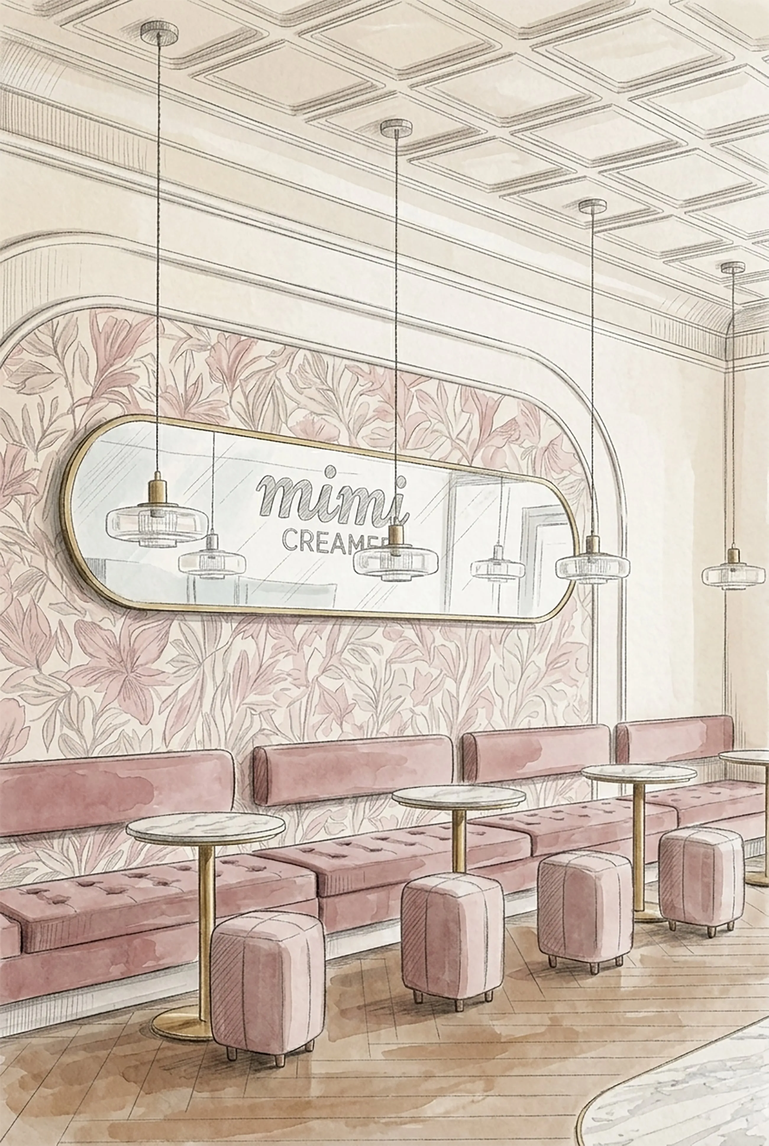 Cafe interior with pink cushioned benches, round tables, floral wallpaper, pendant lights, and a mirror sign.