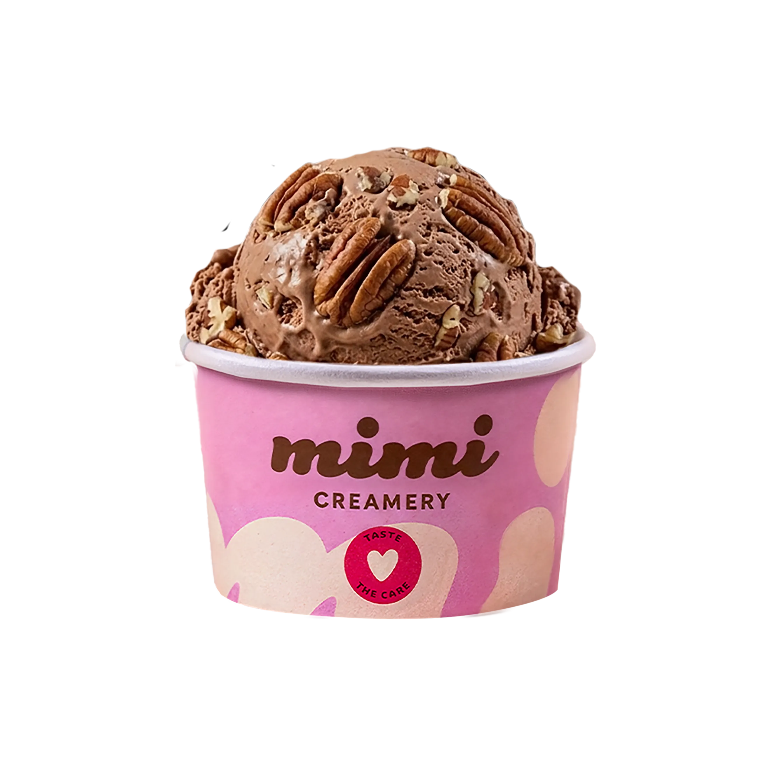 Chocolate ice cream scoop with pecans in a pink Mimi Creamery cup.