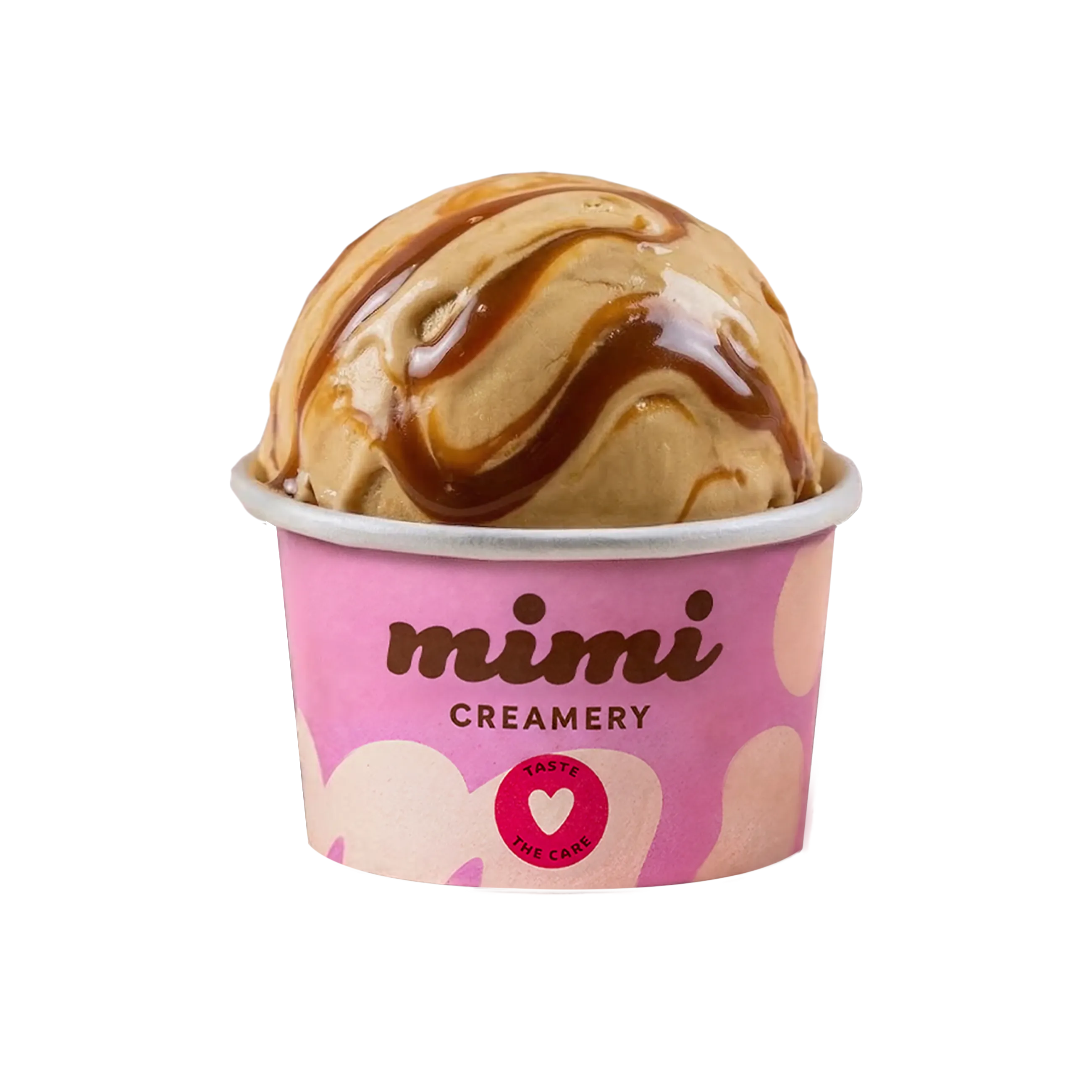 Scoop of caramel ice cream with caramel drizzle in a pink Mimi Creamery cup.