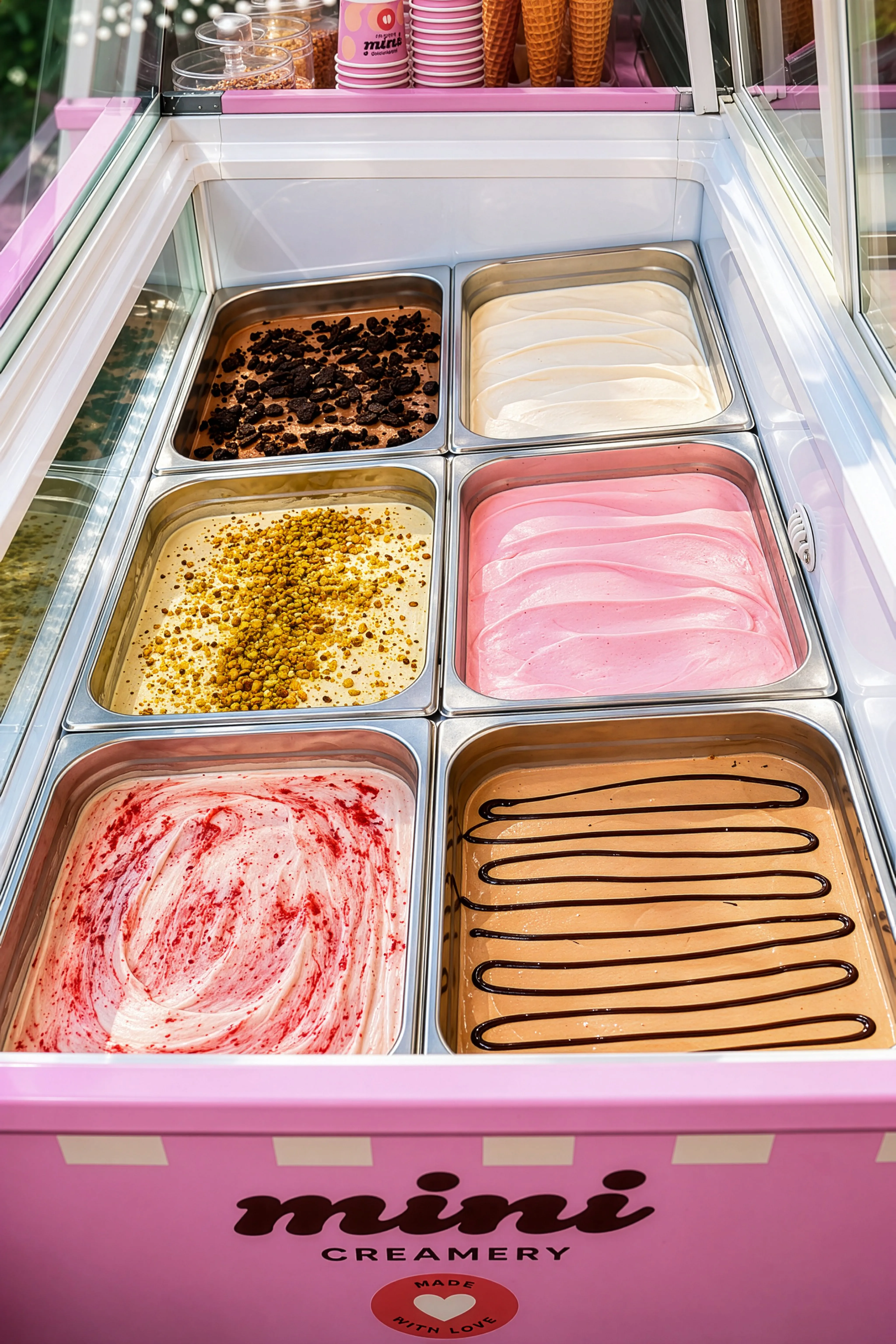 Six trays of assorted ice creams including chocolate, vanilla, strawberry, and toppings in a pink display freezer.