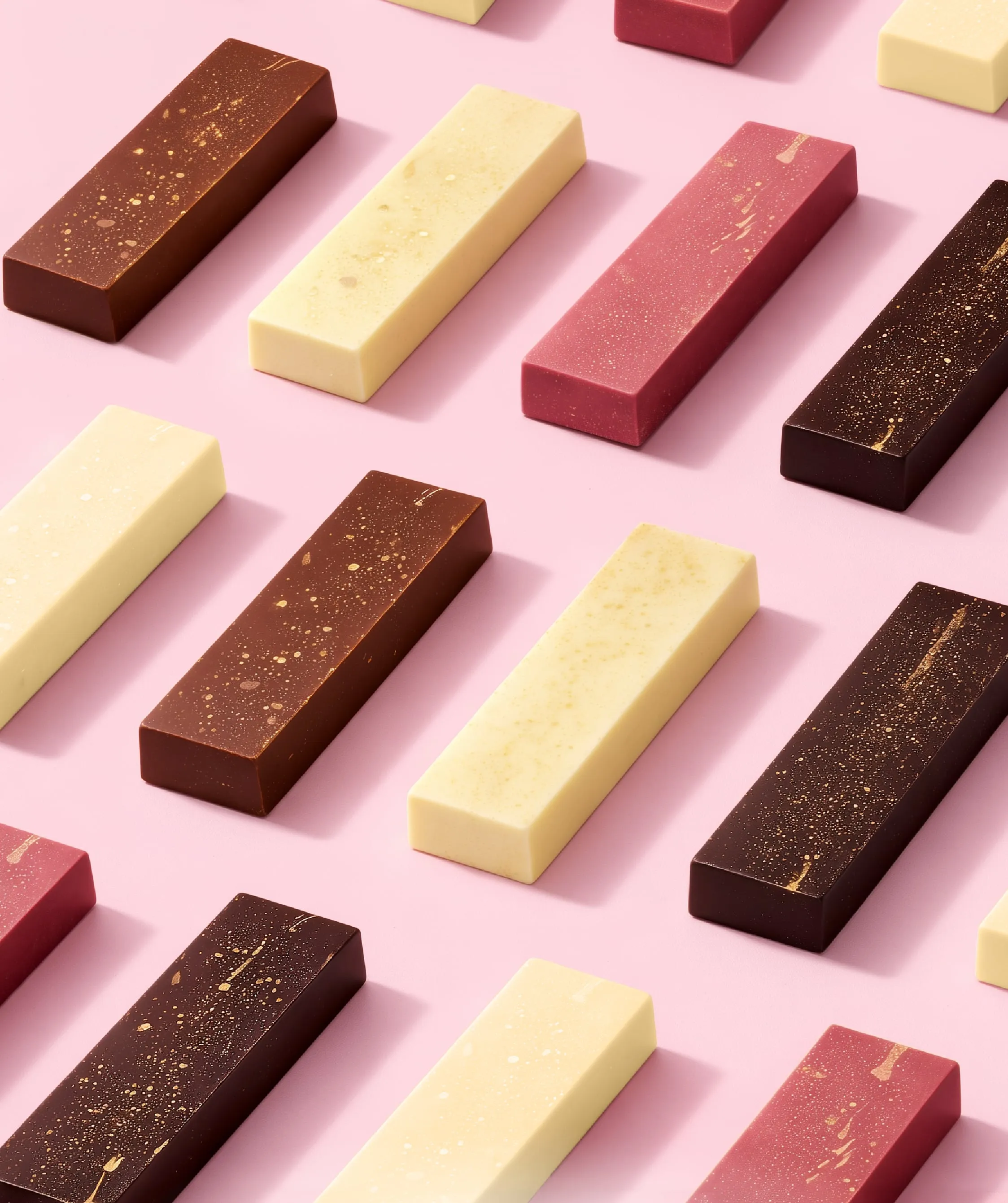 Pattern of rectangular chocolate bars in dark, white, and pink on a pink background.