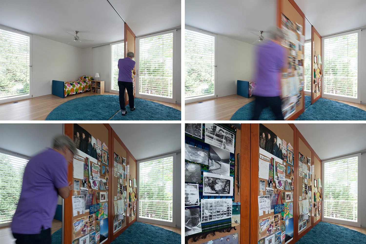 Man demonstrating a moveable wall partition between two bedrooms.
