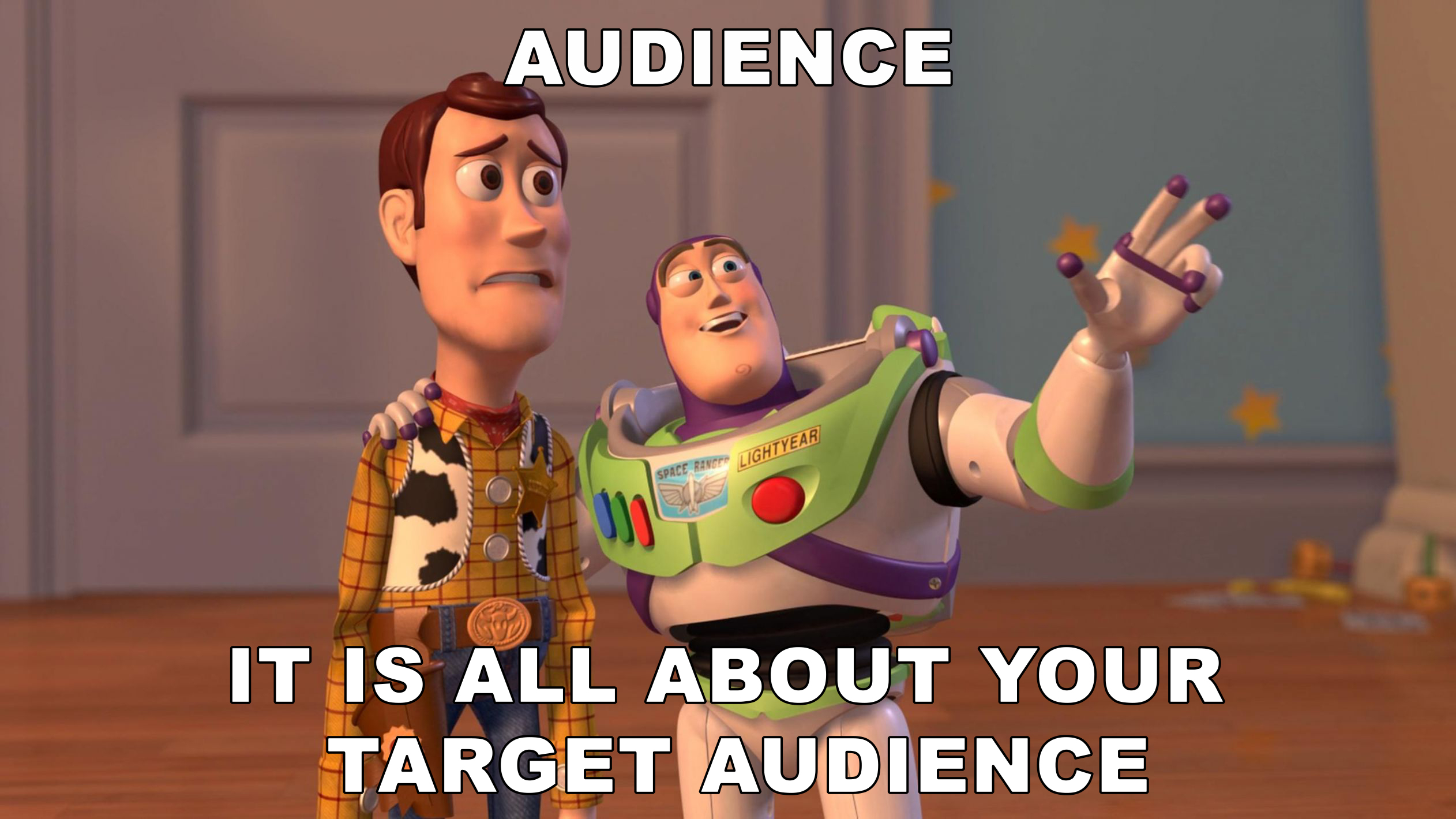 A meme of Buzz Lightyear explaining to Woody the importance of a target audience