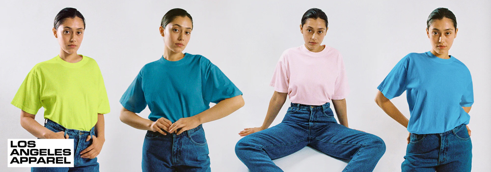 Los Angeles Apparel Catalog Image of the same woman pictured 4 times in 4 different colors of the same t-shirt