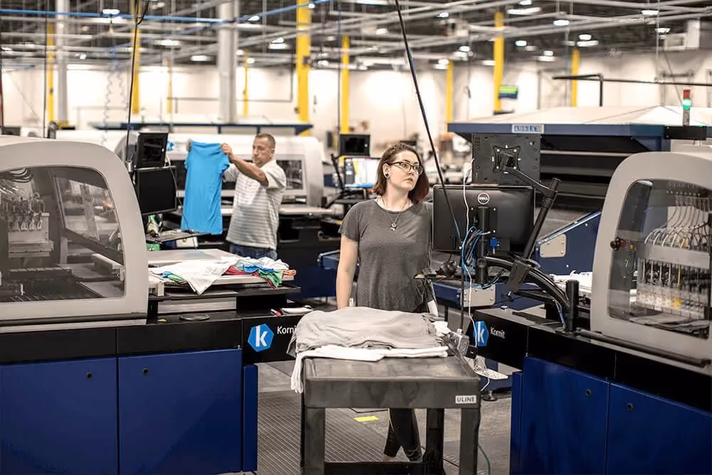 Large DTG printers in a Print On Demand Warehouse