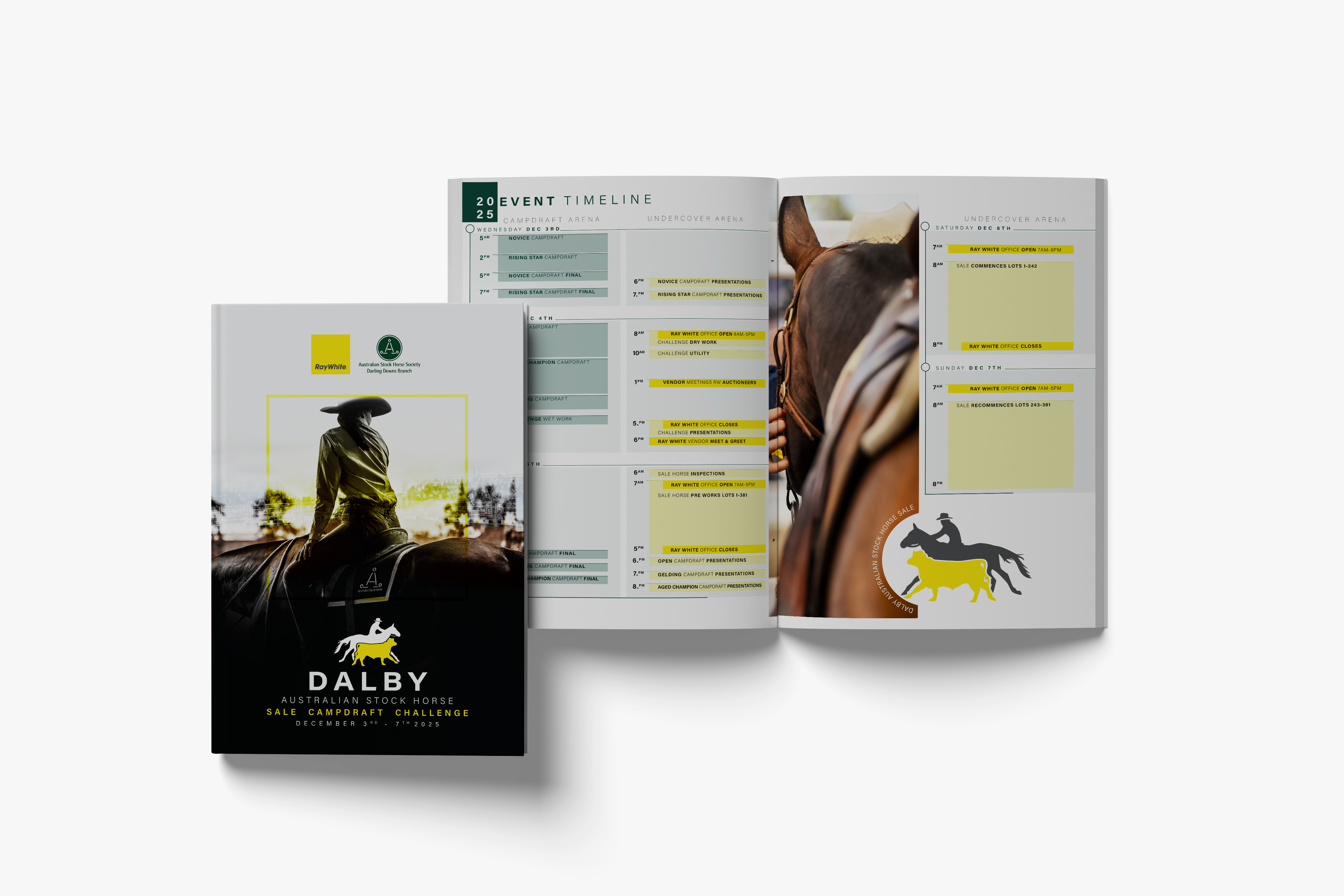 Front cover and open pages of a brochure for the Dalby Australian Stock Horse Sale Campdraft Challenge December 3-7, 2025, featuring a rider on a horse and event timeline.