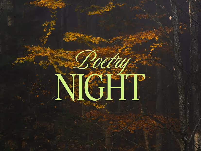 Yellow autumn leaves glowing in a dark forest with the text 'Poetry Night' in light green font overlaying the image.