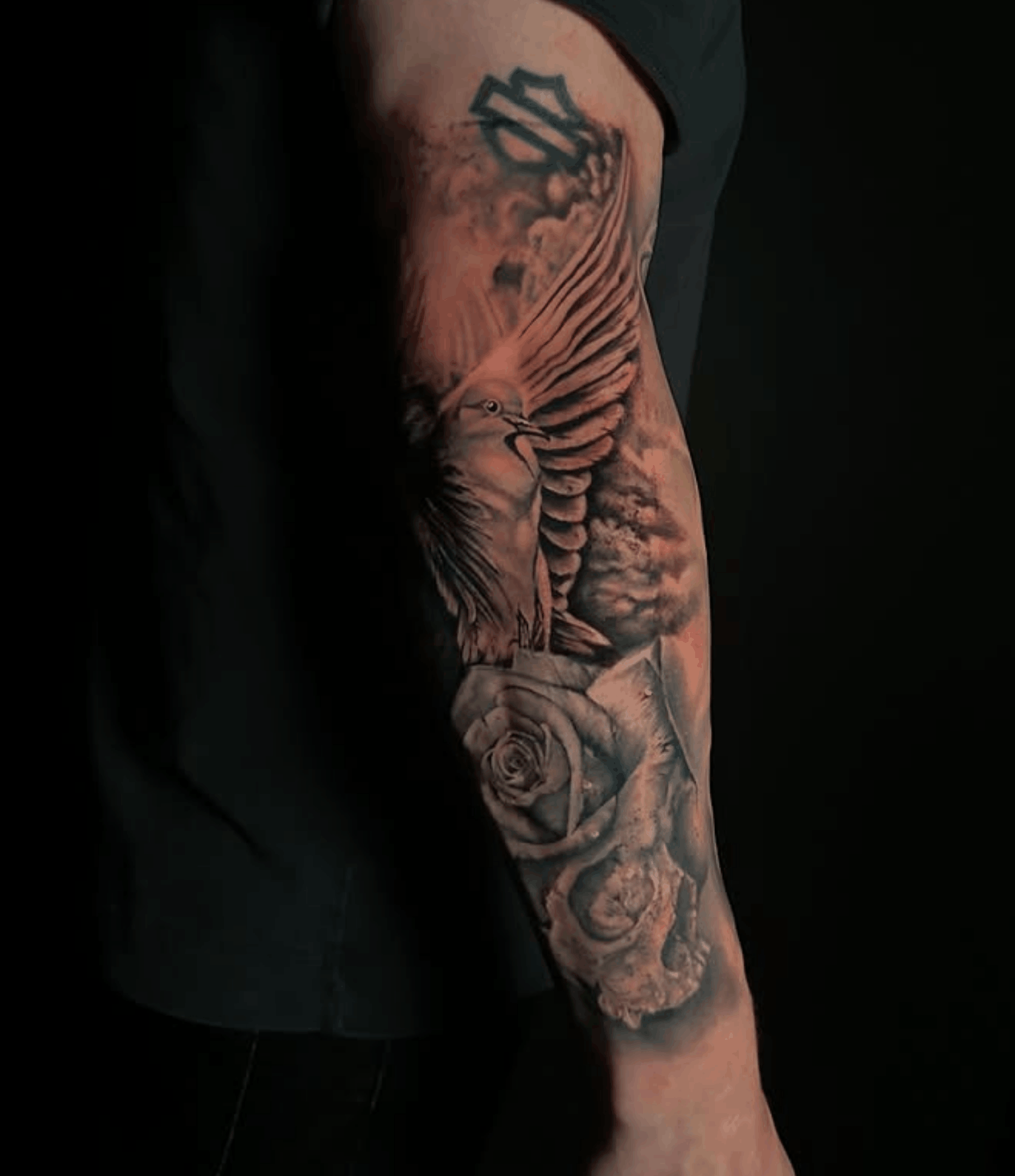 Tattoo of a dove with rose flowers beneath it by Noah Brewer