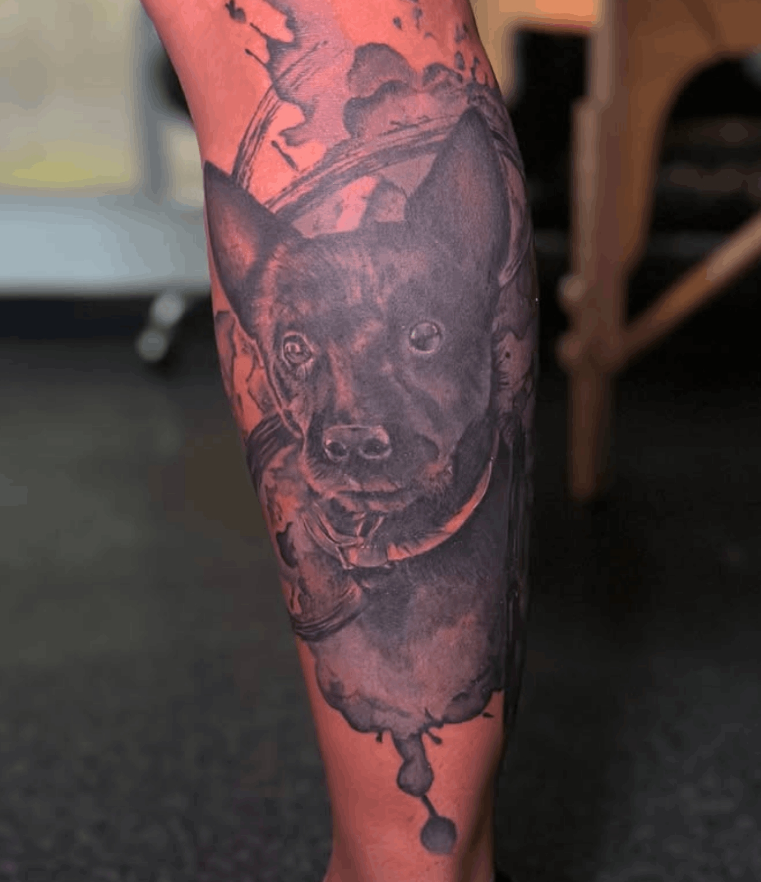 Tattoo coverup of a dog with abstract paint splatter background by Noah Brewer