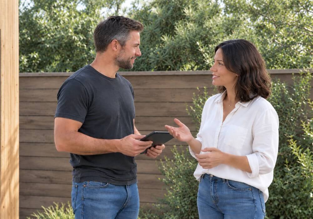 Homeowners discussing a custom backyard construction project with a Rivolty representative in the Bay Area