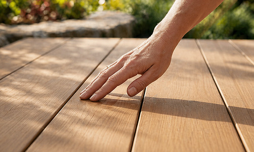 Close-up view of a hand inspecting the seamless finish and premium craftsmanship of a weather-resistant wood composite deck