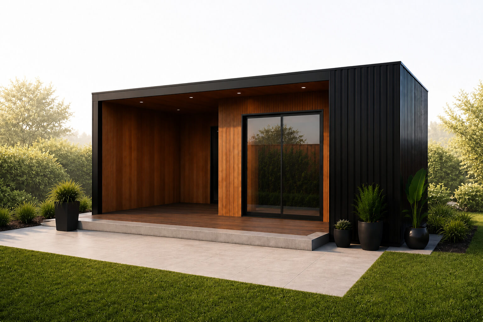 Modern Monterey outdoor studio featuring a covered patio, deck, and contemporary exterior