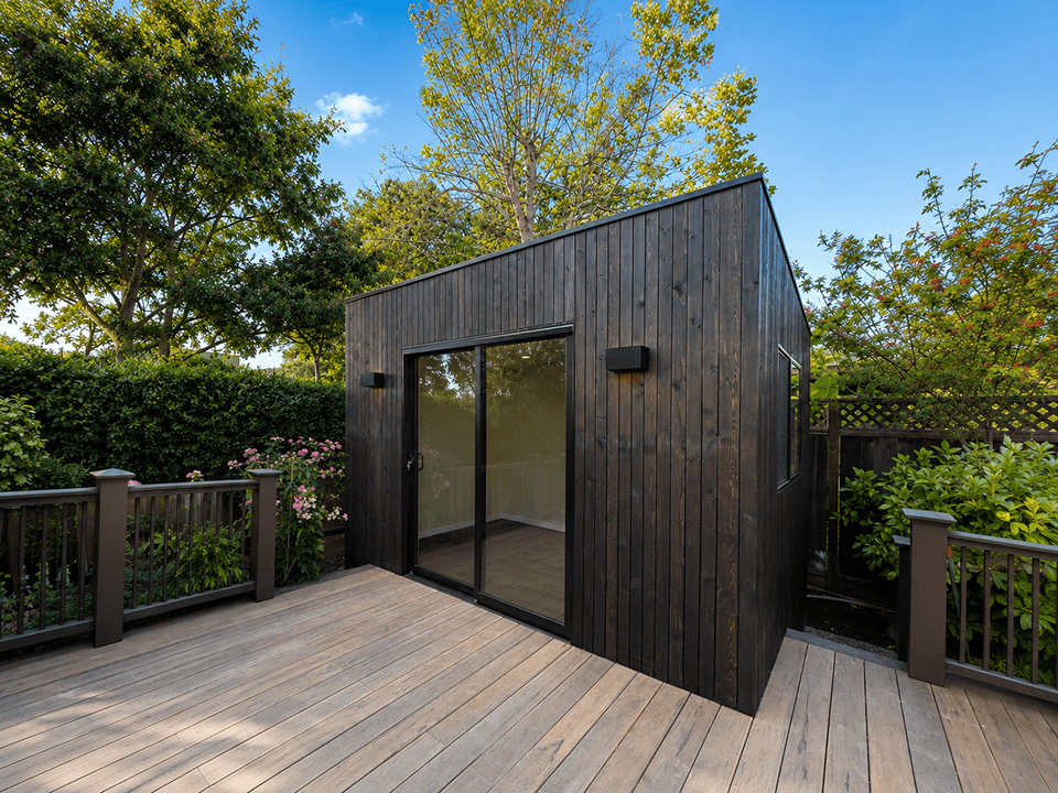 Redwood Sity  backyard shed after installation – Modern Cube