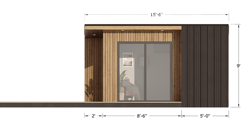 Front elevation of the Monterey modern shed showing exterior design and dimensions