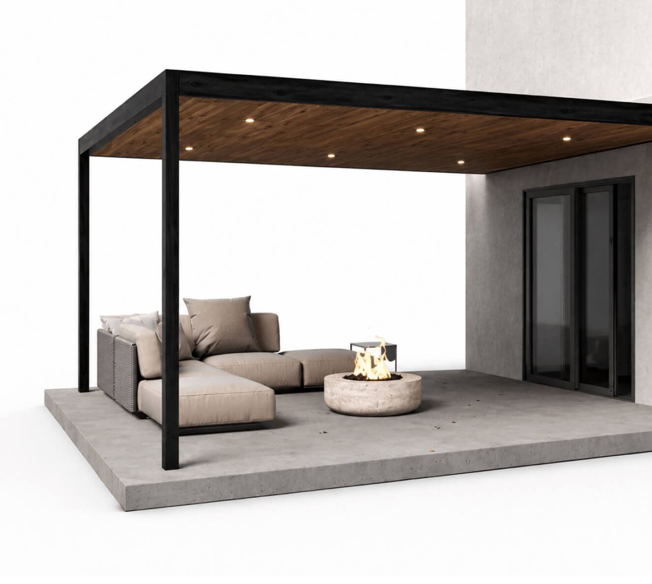 Modern solid non-insulated aluminum patio cover with a wood ceiling and integrated LED lighting for outdoor living spaces in the San Francisco Bay Area.