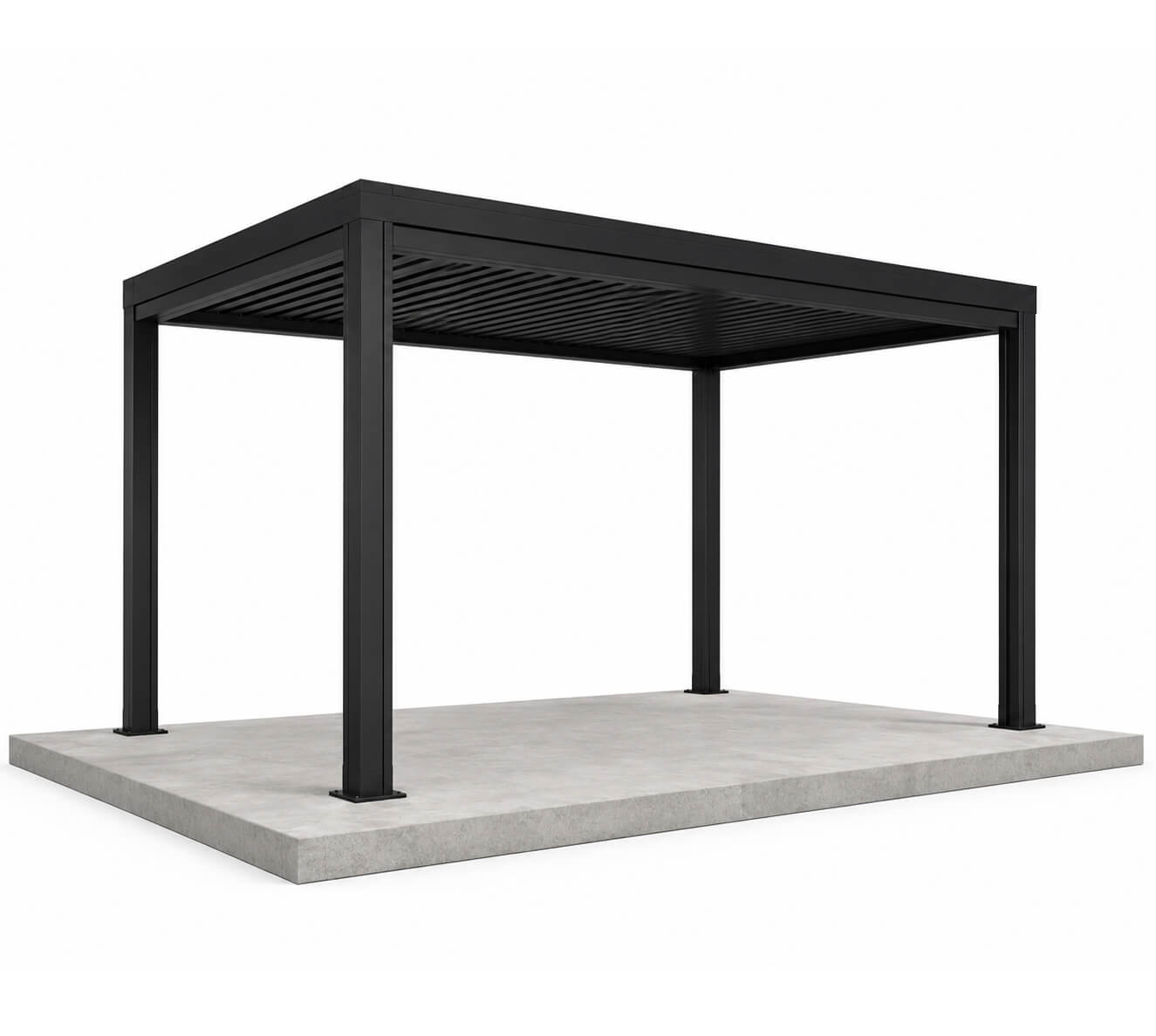 Modern freestanding aluminum pergola with a flat slatted roof by Rivolty for patios and backyards in the San Francisco Bay Area. Custom outdoor shade structure with a durable powder-coated frame.