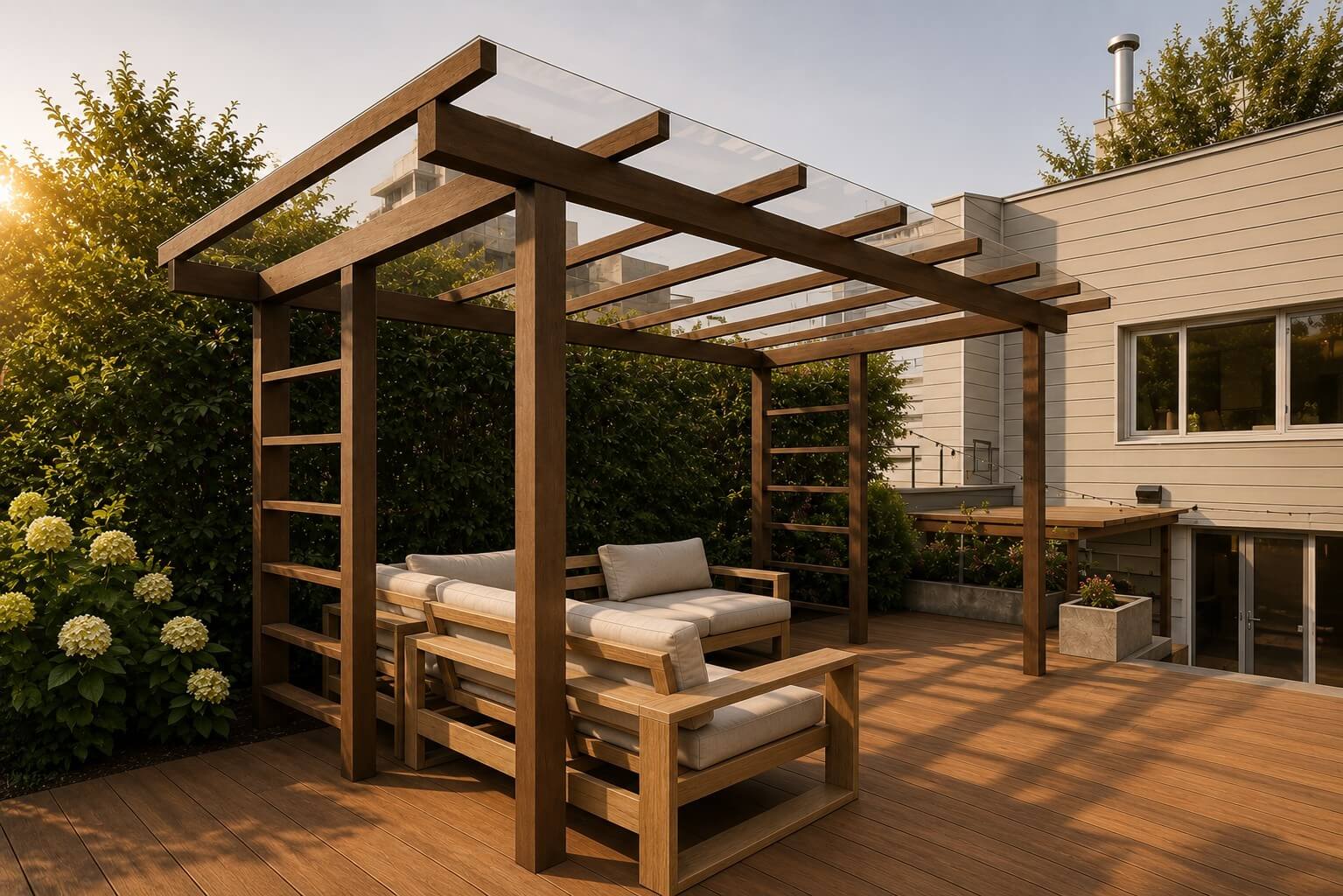 Modern wood pergola with transparent roof over a composite deck and outdoor seating area