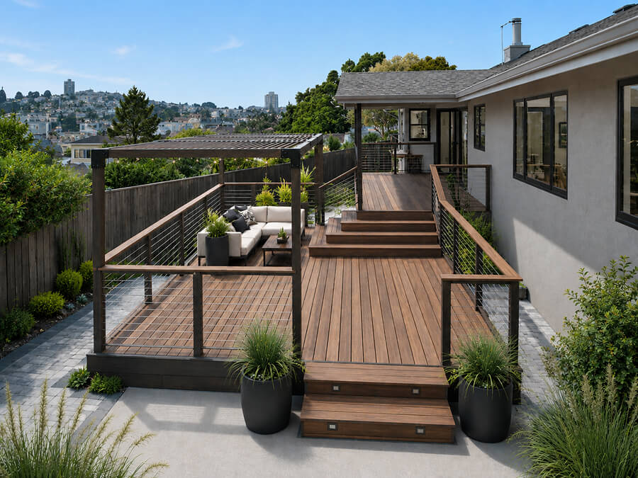 Custom composite wood deck with pergola, cable railing, and outdoor lounge built by Rivolty