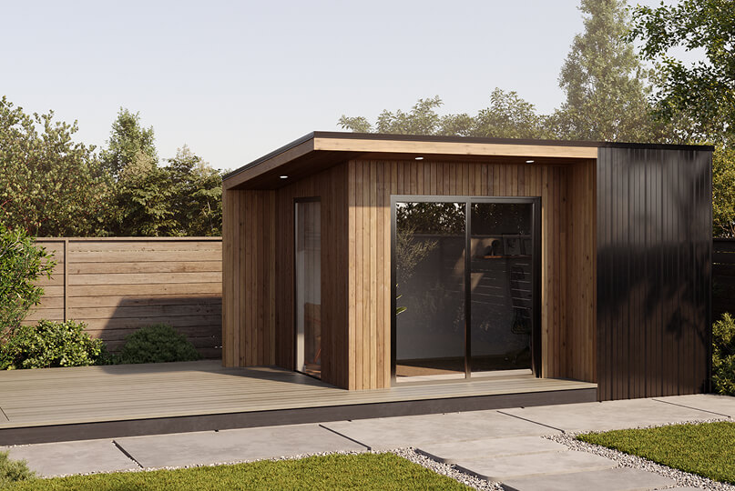 Monterey backyard studio shed with modern wood exterior