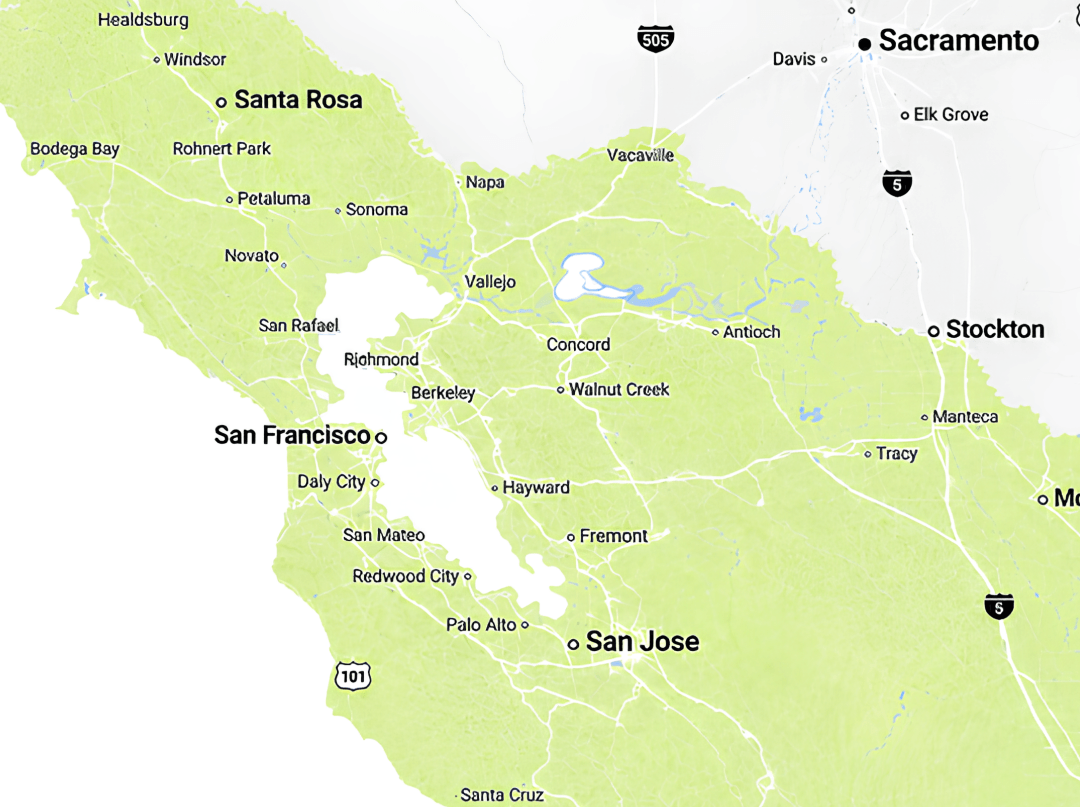Rivolty service area map across the San Francisco Bay Area and Northern California for custom backyard sheds, studios, pergolas, patio covers, and outdoor living projects.