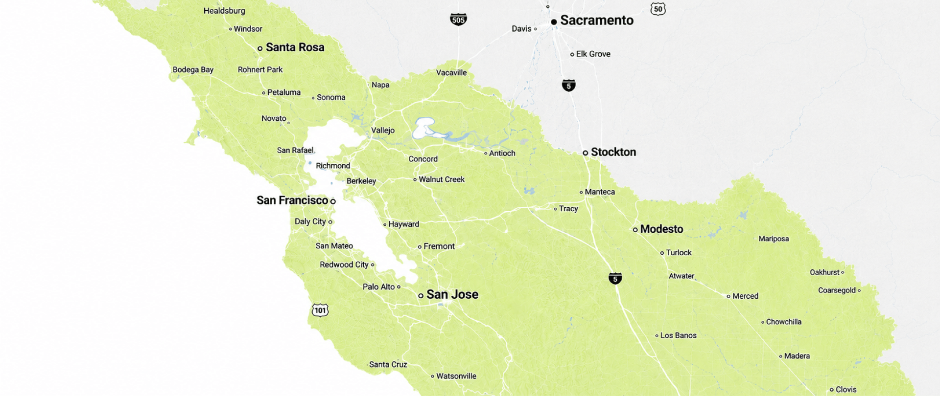 Rivolty service area map across the San Francisco Bay Area and Northern California for custom backyard sheds, studios, pergolas, patio covers, and outdoor living projects.