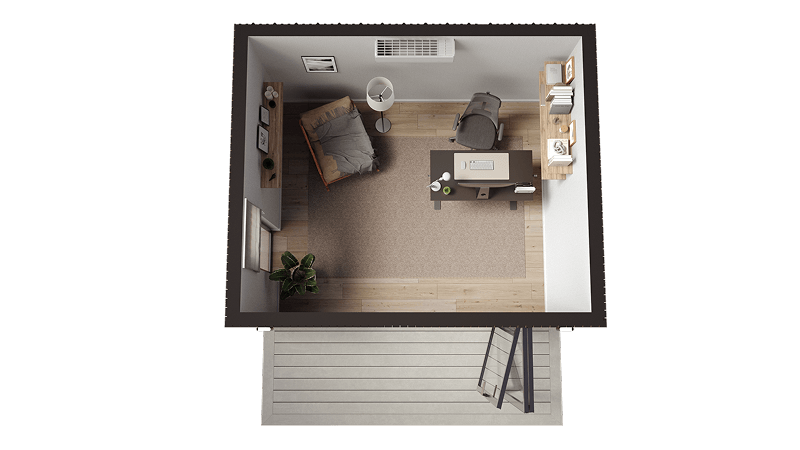 Modern Cube floor plan of a modern prefab shed with a functional garden office layout, workspace, lounge area and efficient interior design.