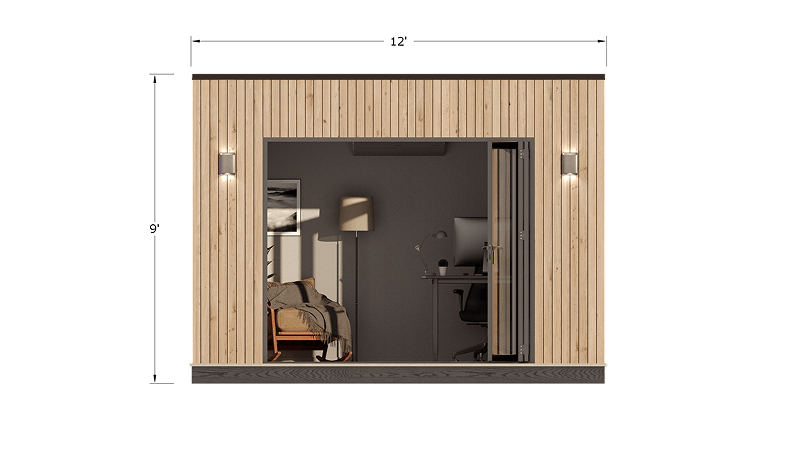 Modern Cube front elevation of a modern prefab shed with timber cladding, backyard office, garden studio and contemporary folding glass entrance.